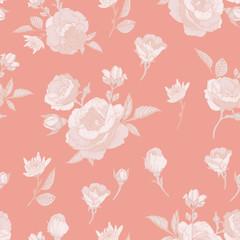 Vector floral seamless pattern with beige roses, chrysanthemums and white jasmine on blue background