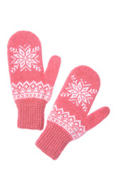 Warm woolen knitted mittens isolated on white background. Pink k
