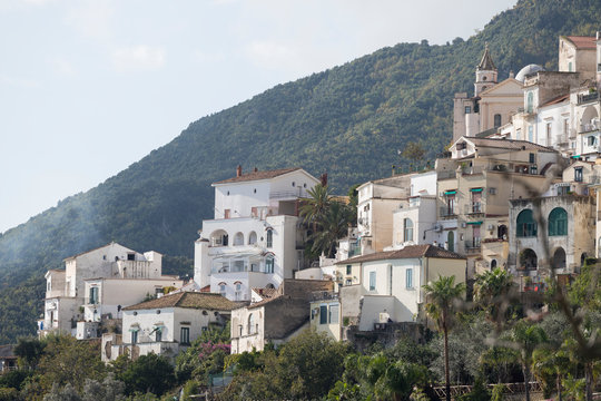RAITO, ITALY - November 20, 2019 Panoramic view of a coastal village during the winter