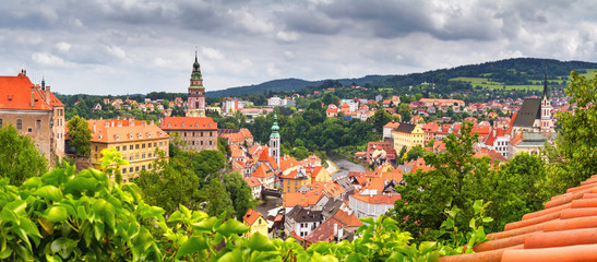 City landscape, panorama, banner - view over the historical part Cesky Krumlov with Vltava river in summer time, Czech Republic