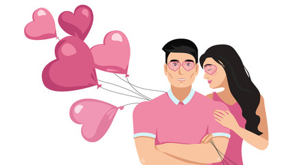 perfect couple love. romantic gift for Valentine's Day. girlfriend and boyfriend in pink heart shaped glasses are holding balloons. vector illustration in pink color