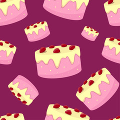 Vector seamless pattern with pink cakes with yellow cream and strawberries on it on a purple background