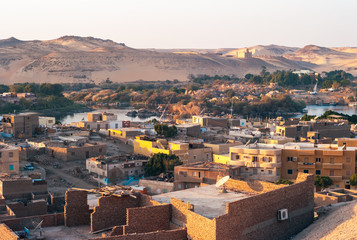 Aswan Cityscape of the Outskirts with River Nile - obrazy, fototapety, plakaty