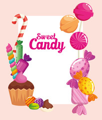 poster of candy shop with cupcake and candies vector illustration design