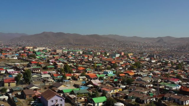 Aerial Mongolia Ulaanbaatar Impoverished Villages September 2019 Sunny Day 4K Mavic Pro  Aerial video of rundown impoverished villages on a hill in Ulaanbaatar Mongolia on a sunny day.