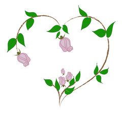 heart of rose branches on a white background, element for greeting cards Happy Valentine's Day, wedding day, love. Vector on a white background for advertising.