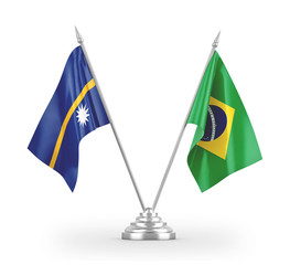 Brazil and Nauru table flags isolated on white 3D rendering