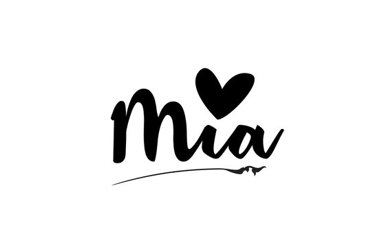 Mia name text word with love heart hand written for logo typography design template