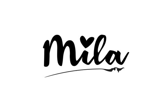 Mila name text word with love heart hand written for logo typography design template