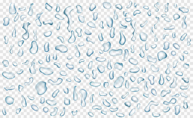 Set of translucent water drops in gray colors in various shapes, isolated on transparent background. Transparency only in vector format
