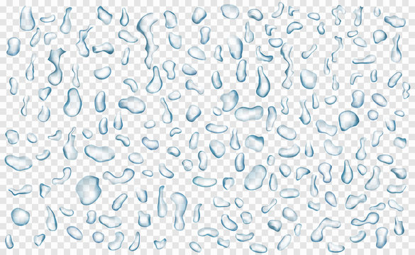 Set of translucent water drops in gray colors in various shapes, isolated on transparent background. Transparency only in vector format