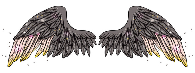 Beautiful magic shiny glittery grey wings with touch of pink and yellow colors, hand drawn vector