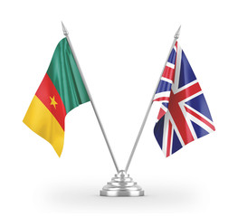 United Kingdom and Cameroon table flags isolated on white 3D rendering