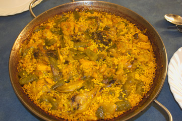 Traditional Valencian Paella served on a table