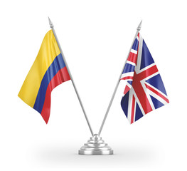 United Kingdom and Colombia table flags isolated on white 3D rendering