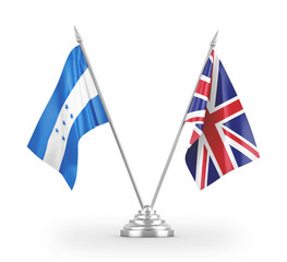United Kingdom and Honduras table flags isolated on white 3D rendering