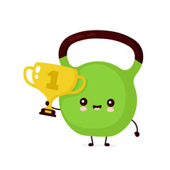 Cute smiling fitness kettlebell with gold trophy