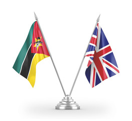 United Kingdom and Mozambique table flags isolated on white 3D rendering