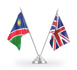 United Kingdom and Namibia table flags isolated on white 3D rendering