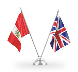 United Kingdom and Peru table flags isolated on white 3D rendering
