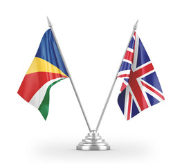 United Kingdom and Seychelles table flags isolated on white 3D rendering