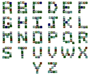 Isolated Font English or Latin whole alphabet made of glass decorative squares on white background