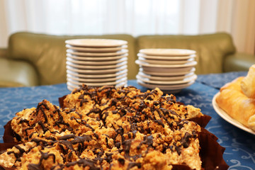 Slices of sweet tasty pie at the stand-up meal. Close up.