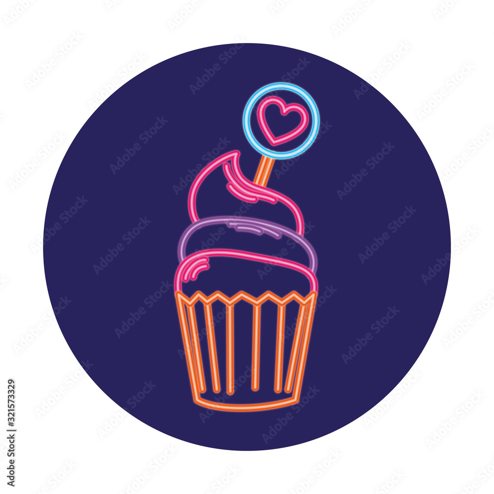 Poster cupcake in neon light, valentine day vector illustration design