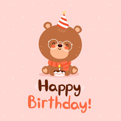 Cute happy little bear with festive cap and cake