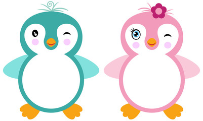 Blank round label blue and pink penguin