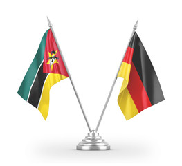 Germany and Mozambique table flags isolated on white 3D rendering
