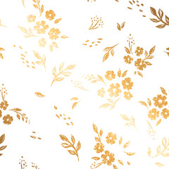 Pattern background with flowers. illustration gold flowers. Chinese ink painting. Graphic hand drawn floral pattern. Textile fabric design. Golden inking.
