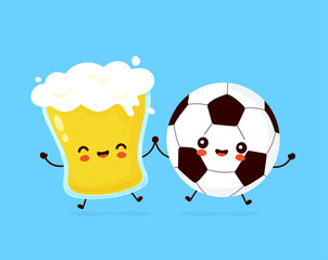 Cute happy smiling glass of beer and soccer ball