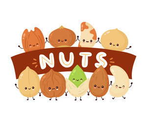 Cute happy nuts banner. Vector flat cartoon 