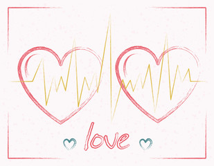 Hearts pulse line, heartbeat for two, greeting card  for the holiday Valentine's Day. Romantic lettering. Holiday design, love creative concept.