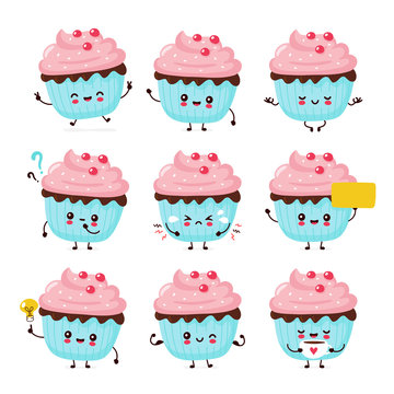 Cute happy smiling cupcake set collection