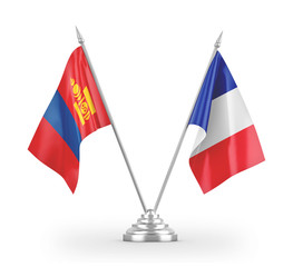 France and Mongolia table flags isolated on white 3D rendering