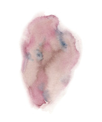 Watercolor pink-gray-blue blot with stains of paint on a white background