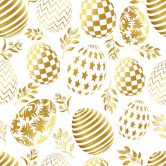 Seamless pattern. Golden eggs with geometric patterns, abstract ornament. Vector illustration of happy easter symbols. Vector stock isolated illustration.