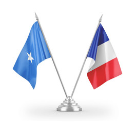 France and Somalia table flags isolated on white 3D rendering