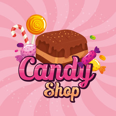 poster of candy shop with brownie and candies vector illustration design