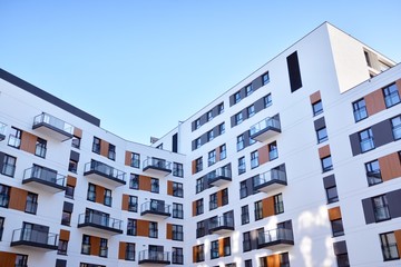 Multistory new modern apartment building with architectural details of modern architecture. 