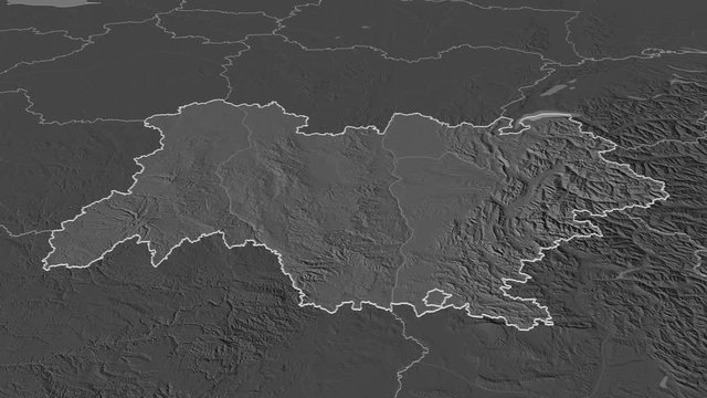 Auvergne-Rh&ocirc;ne-Alpes, region with its capital, zoomed and extruded on the bilevel map of France in the conformal Stereographic projection. Animation 3D