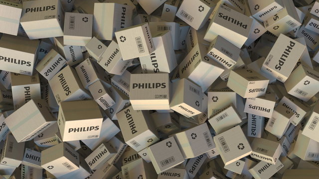 Pile of cartons with PHILIPS logo. Editorial 3D rendering