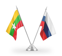 Russia and Myanmar table flags isolated on white 3D rendering