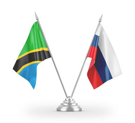 Russia and Tanzania table flags isolated on white 3D rendering