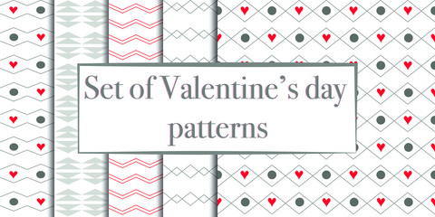 Simple ornament vector seamless patterns set. Use for ceramic tiles, wallpaper, linoleum, textiles, wrapping paper, web page, kids, postcard. Background with hearts.Valentine day, love symbol 