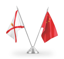 China and Jersey table flags isolated on white 3D rendering