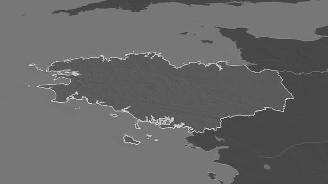 Bretagne, region with its capital, zoomed and extruded on the bilevel map of France in the conformal Stereographic projection. Animation 3D