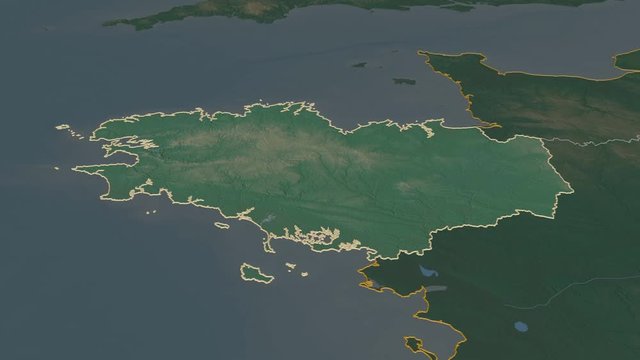 Bretagne, region with its capital, zoomed and extruded on the relief map of France in the conformal Stereographic projection. Animation 3D